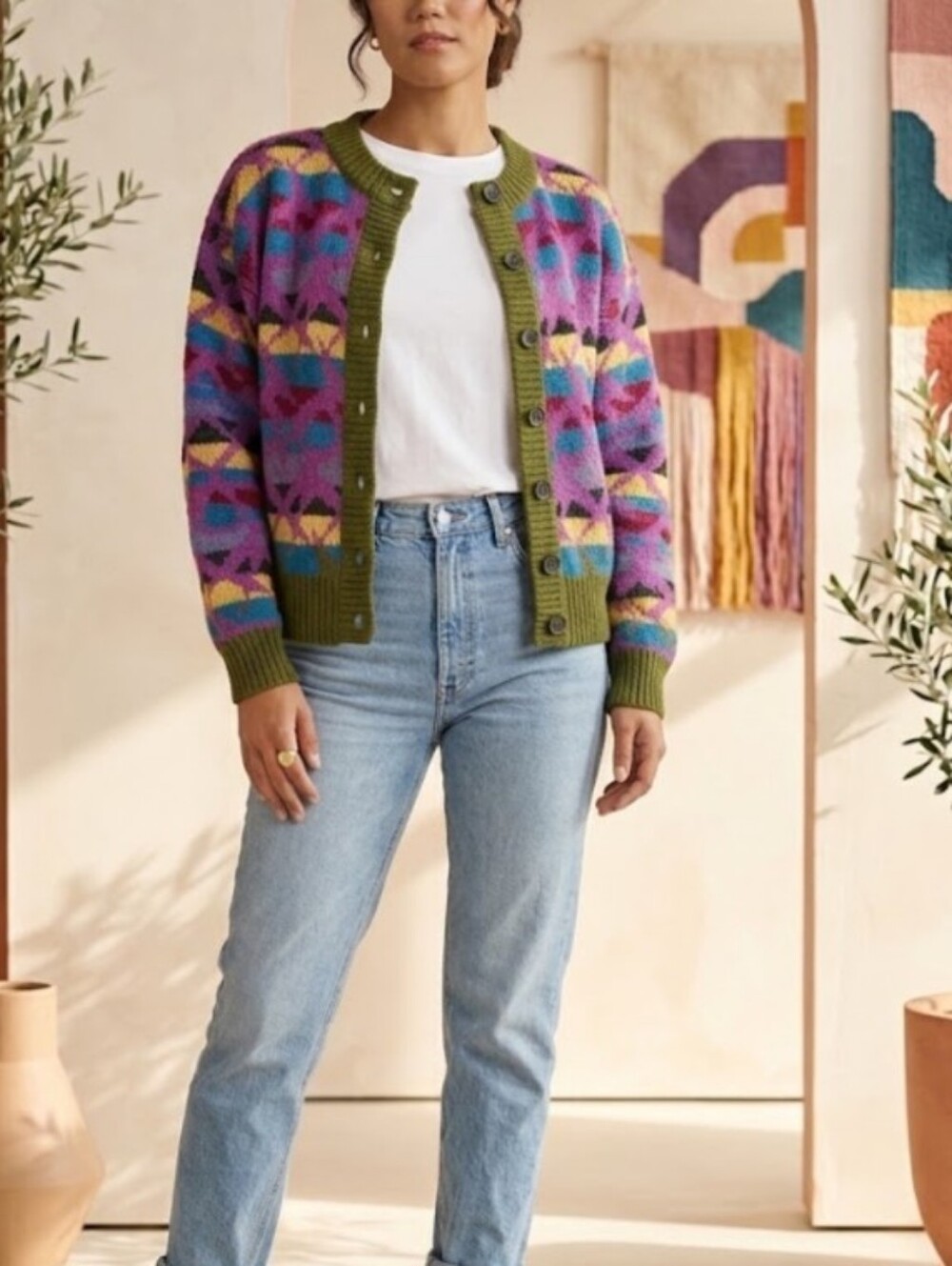 Vintage Hand Knit Multicolour Geometric Handmade Cardigan